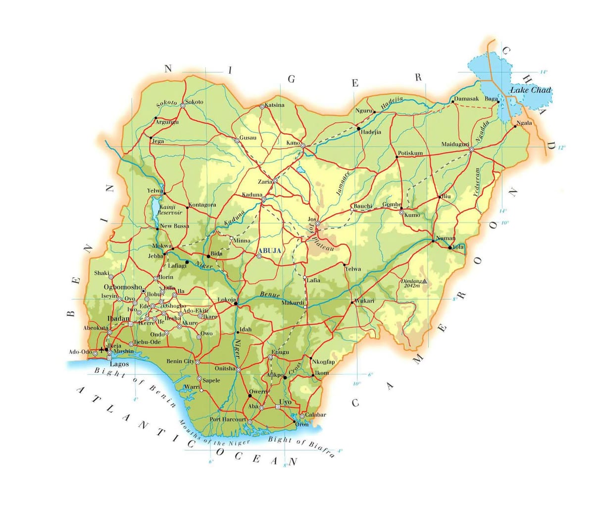 Kort over den fysiske nigeria