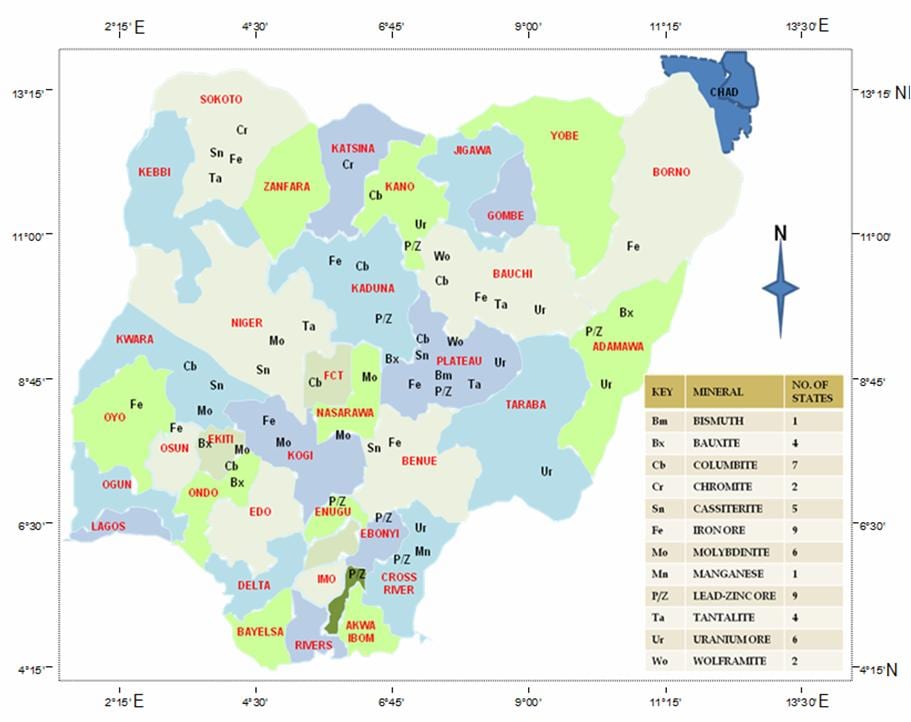 Kort over nigeria, der viser de mineralske ressourcer