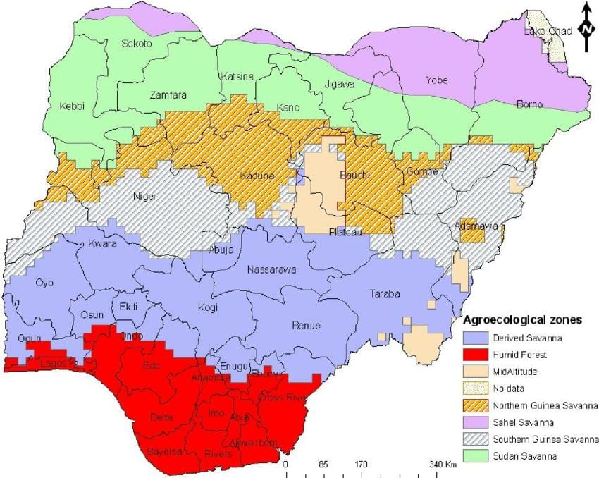 Kort over nigeria, der viser den økologiske zoner