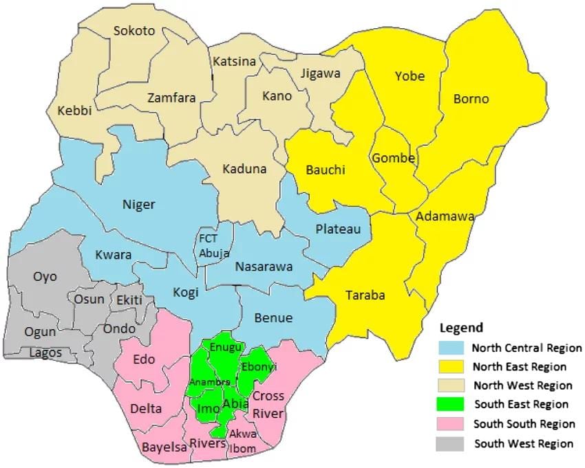 Kort over nigeria, der viser den geopolitiske zoner