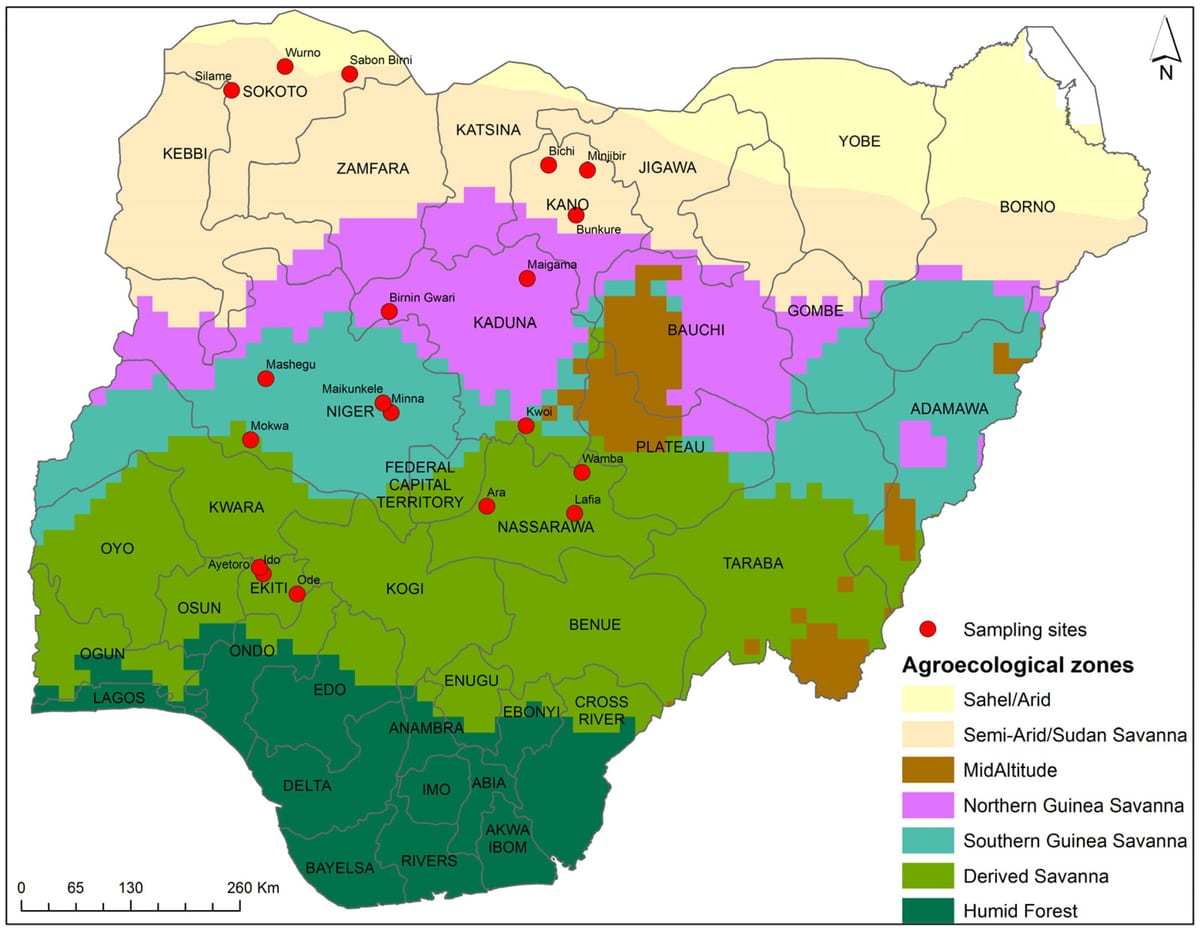 kort over nigeria viser afgrøde distribution