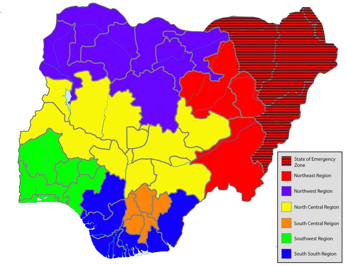 kort over nigeria, der viser alle stater
