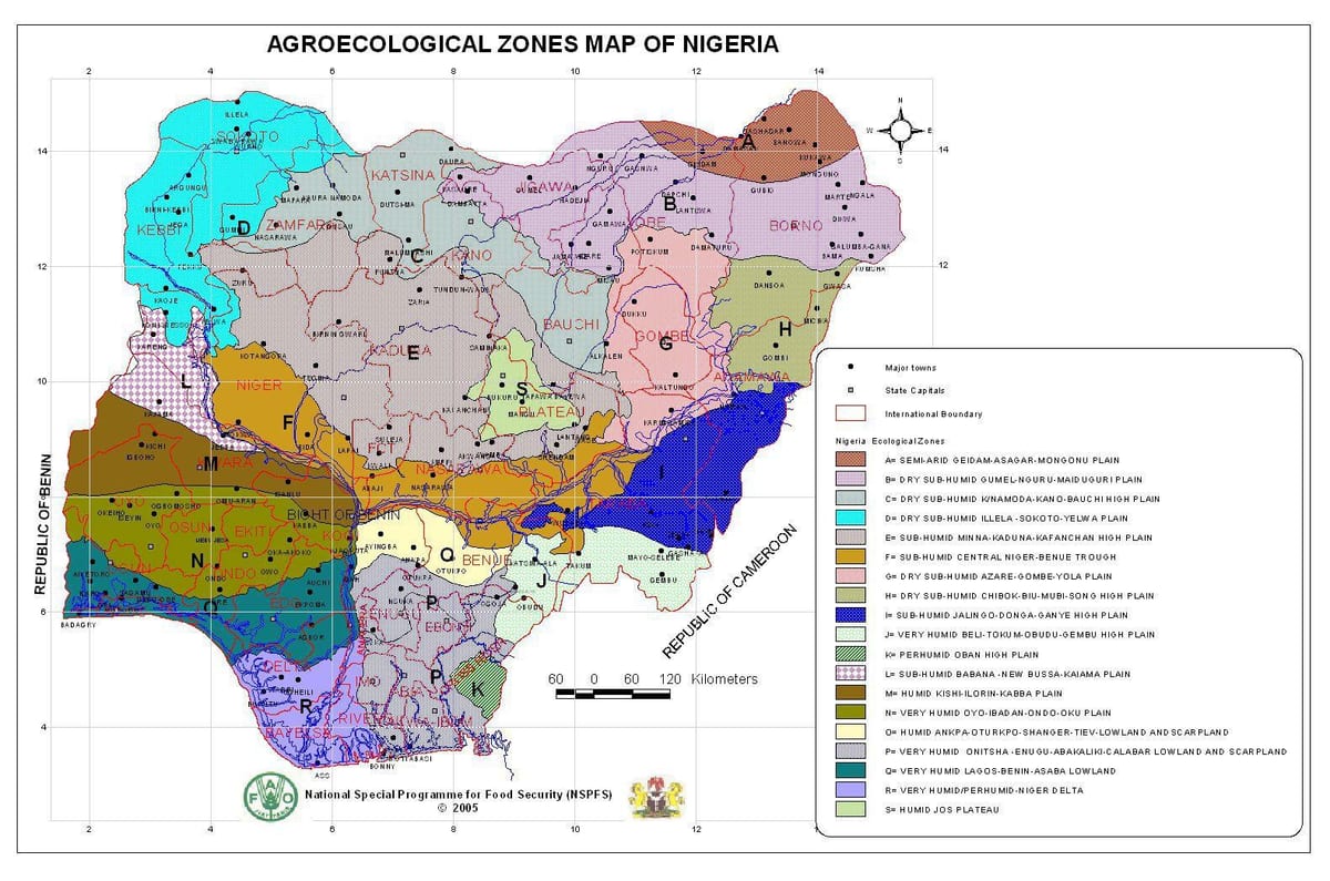 kort over nigeria, der viser forskellige vegetation zoner