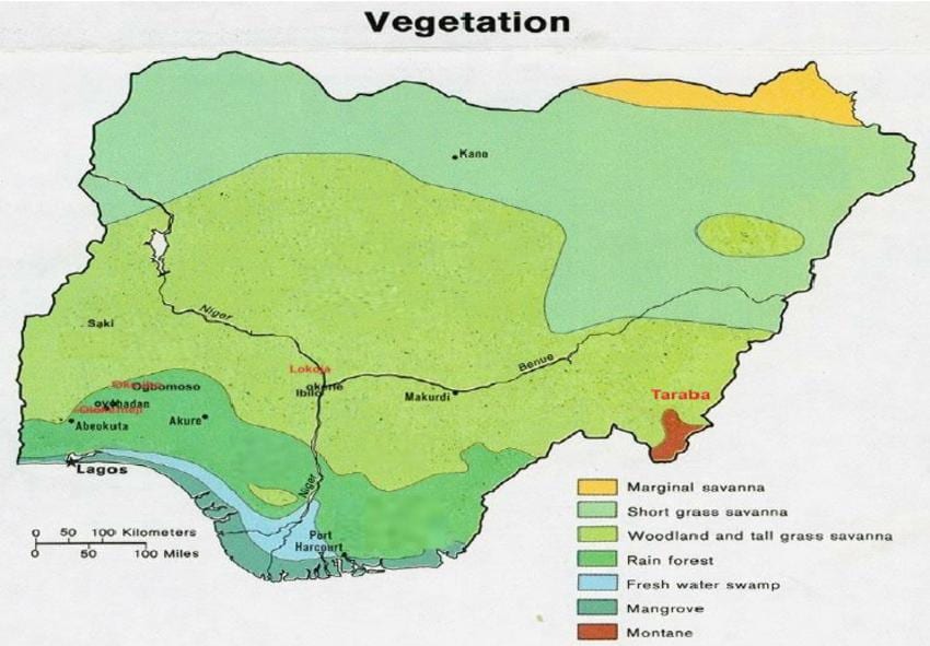 kort over nigeria, der viser vegetation