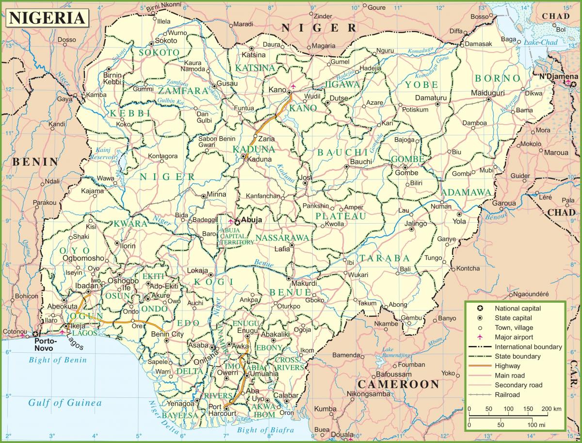 kort over nigeria, der viser større veje