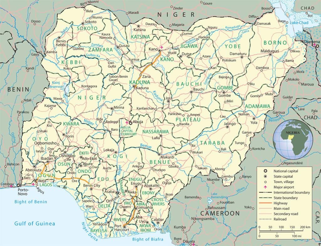 kort over nigeria, der viser, lande og hovedstæder