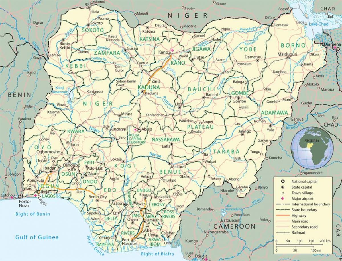 kort over nigeria, der viser, lande og hovedstæder