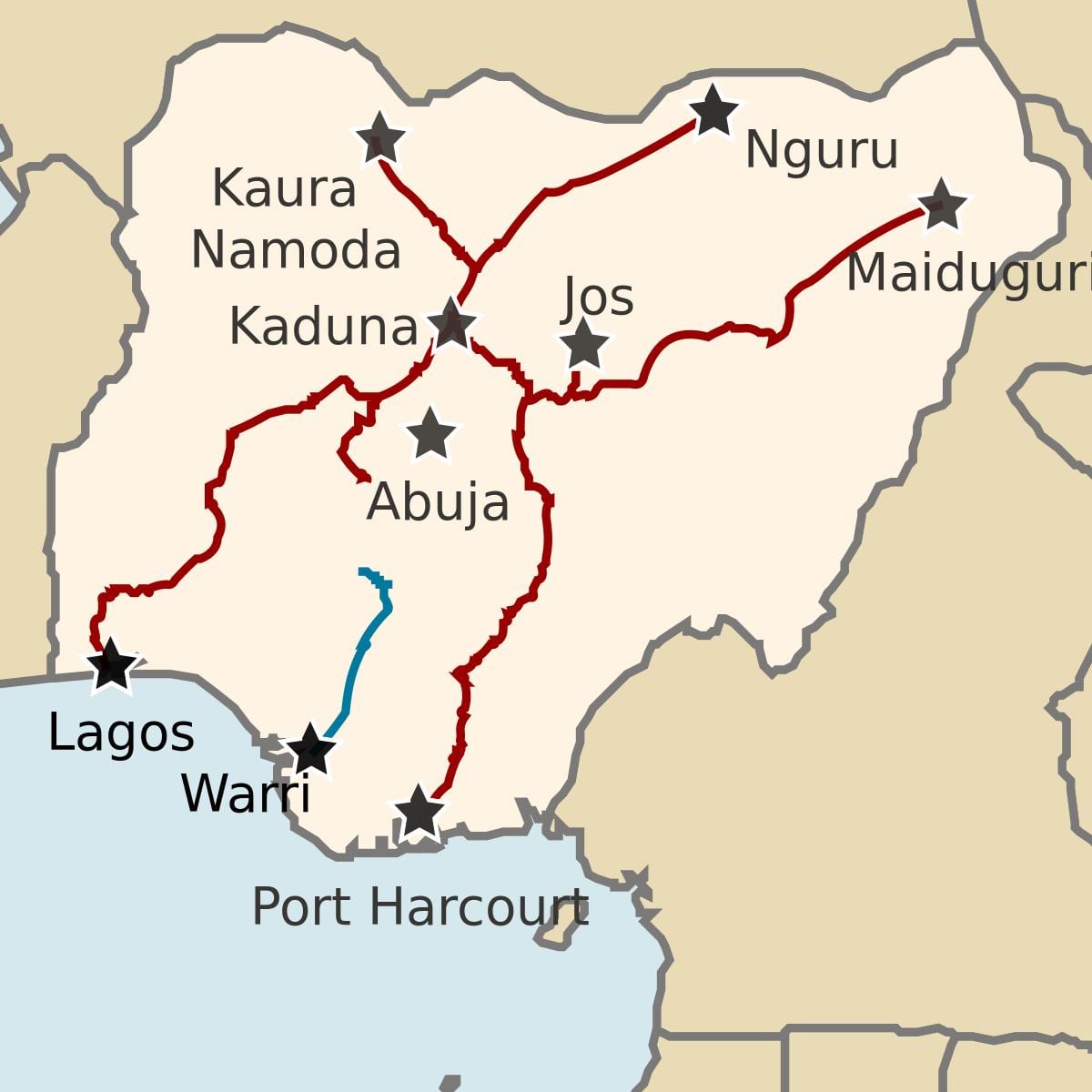 kort over nigeria viser jernbanelinjer