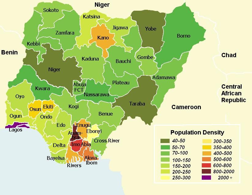 nigeria befolkningstæthed kort