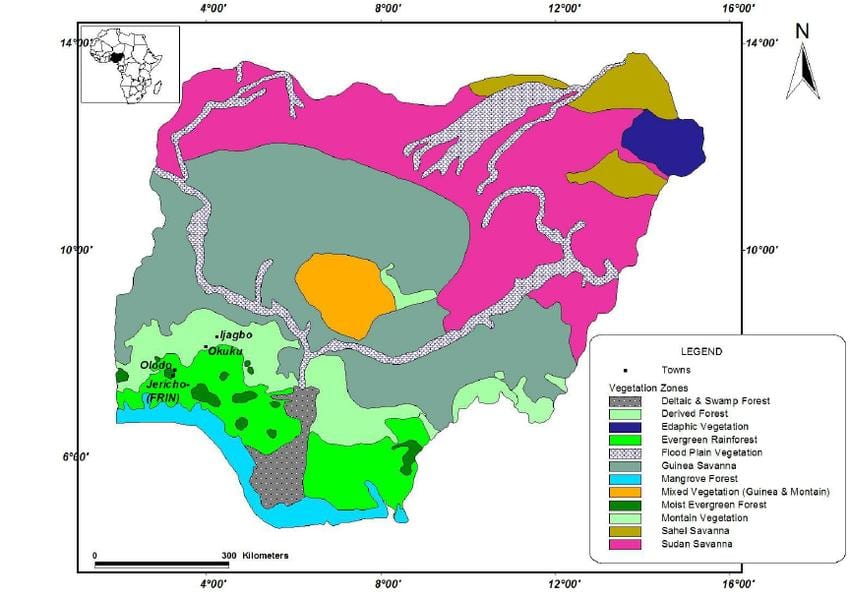 kort over nigeria viser vegetation